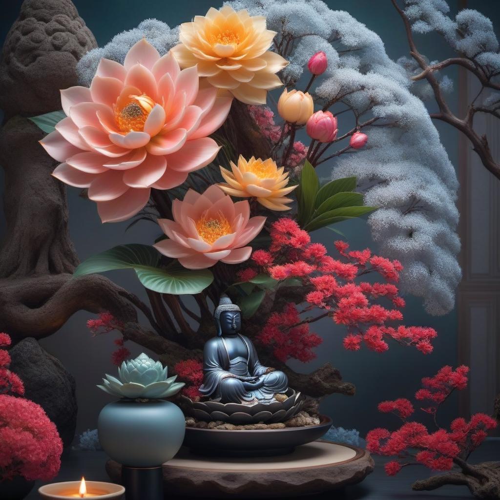  Ikebana with a porcelain buddha hyperrealistic, full body, detailed clothing, highly detailed, cinematic lighting, stunningly beautiful, intricate, sharp focus, f/1. 8, 85mm, (centered image composition), (professionally color graded), ((bright soft diffused light)), volumetric fog, trending on instagram, trending on tumblr, HDR 4K, 8K