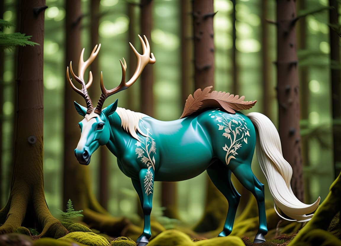  cinematic photo animal, mythical animal, horse with deer horns in full growth, forest, horse, forest spirit animal, forest spirit, patterns, unusual color, full height, stands sideways . 35mm photograph, film, bokeh, professional, 4k, highly detailed