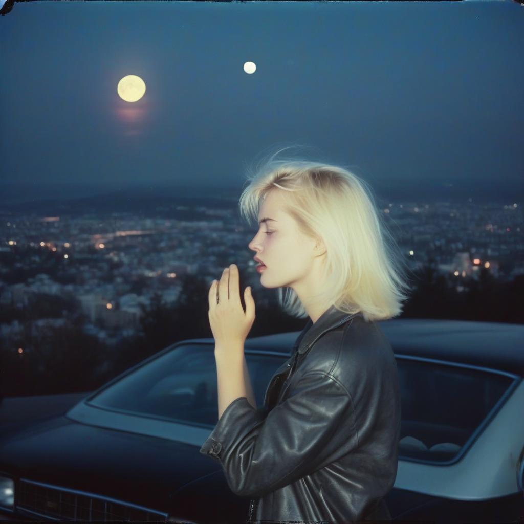  analog film photo a platinum blonde girl touches the face of a blonde guy, stands by the car in black, a view from the hill, in the background of the city, the time of dusk, full light moon, 80 90s style. . faded film, desaturated, 35mm photo, grainy, vignette, vintage, kodachrome, lomography, stained, highly detailed, found footage