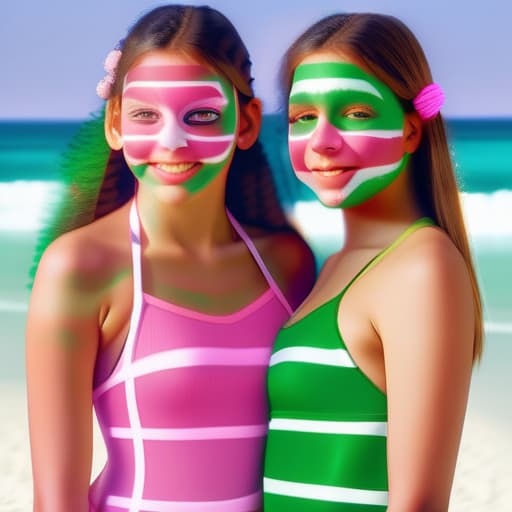  add a stripe on green face paint to the nose of the girl in the pink swimsuit and a stripe of pink face paint to the nose of the girl in the green swimsuit