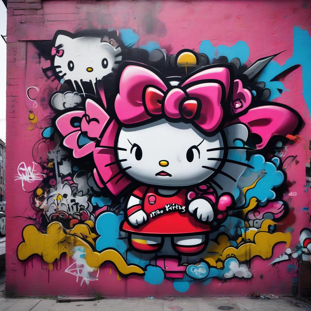  graffiti style the character of hello kitty is very angry. . street art, vibrant, urban, detailed, tag, mural