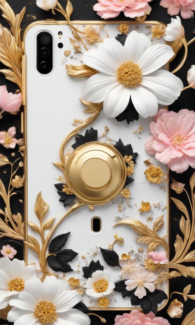  concept art black, white, gold, pink broken phone on a black and gold background of flowers . digital artwork, illustrative, painterly, matte painting, highly detailed, perfect hands