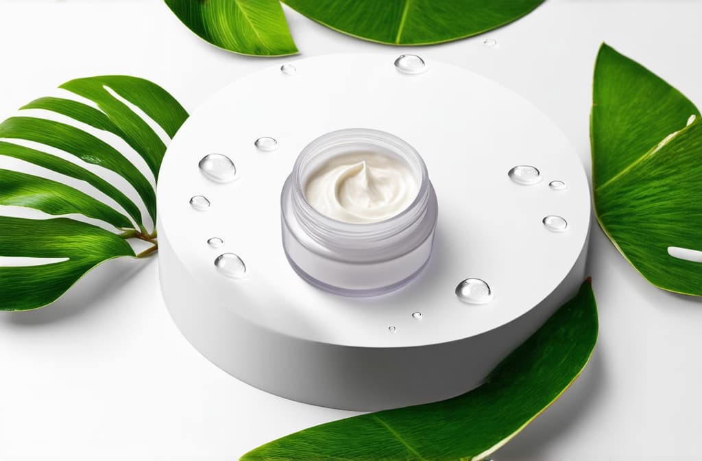  advertising style, stock photo, corporate branding style white empty podium for a jar with cosmetic cream on a white background. around tropical leaves and water drops ar 3:2 . professional, clean, modern, product focused, commercial, eye catching, minimalist, business oriented, highly detailed