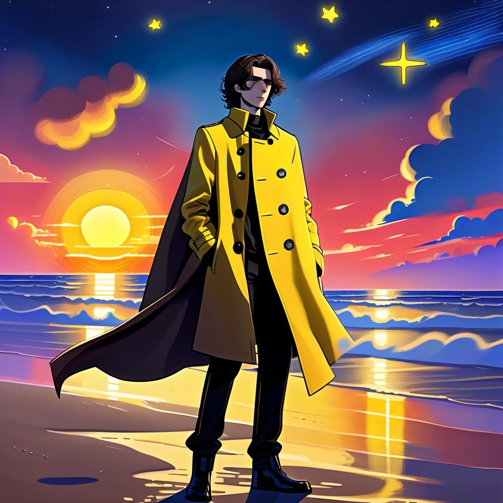  sci fi style a young man stands alone on the beach. he has long dark brown hair, which flies slightly in the breeze. his face, with pronounced jewish and slavic features, radiates lively energy. brown eyes are full of deep emotions, as if reflecting the vast expanses of the ocean. he wears a bright yellow coat that seems to shine, catching the eye and contrasting with the soft shades of the sunset. under his coat he wears a black shirt and black pants are decorated with yellow elements, creating a stylish and dynamic look. the sunset with the night sky with bright blue, blue and yellow stars, and the outgoing red sun rays fall on the terrain in bright red stripes contrasting with the oncoming night. the image uses such colors and shades of 