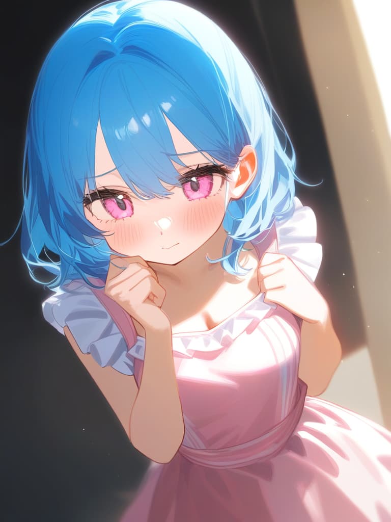  cute face focus,cute,light blue hair,light pink eyes,cute posing,frill onepiece,short bob hair,shy,