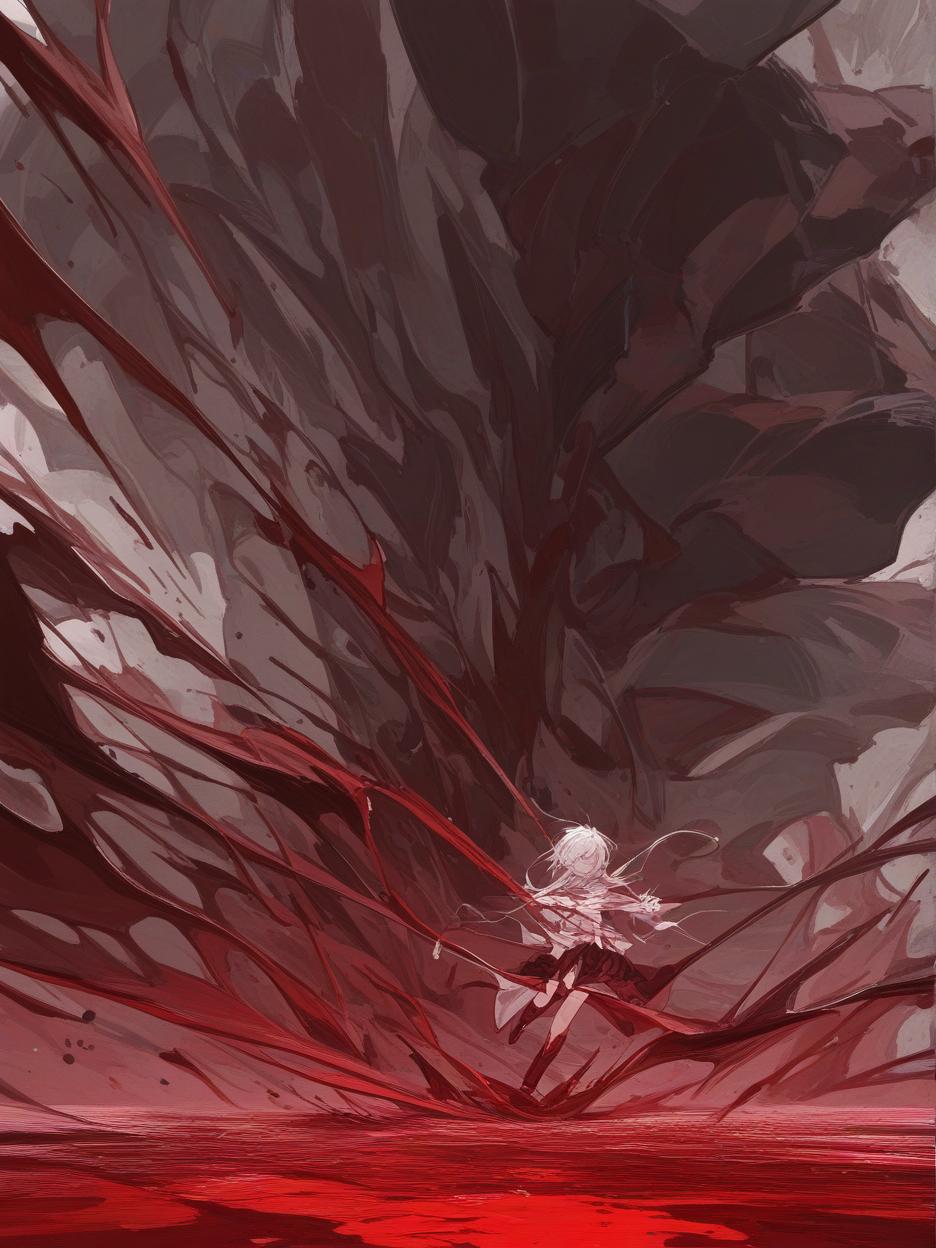  create for me an image of a giant bloody bow, it is stuck in the ground with blood swirling around it. the red sand floor being pushed by the swirling force of blood and crystals in the background, with clear skies. . best quality, high resolution