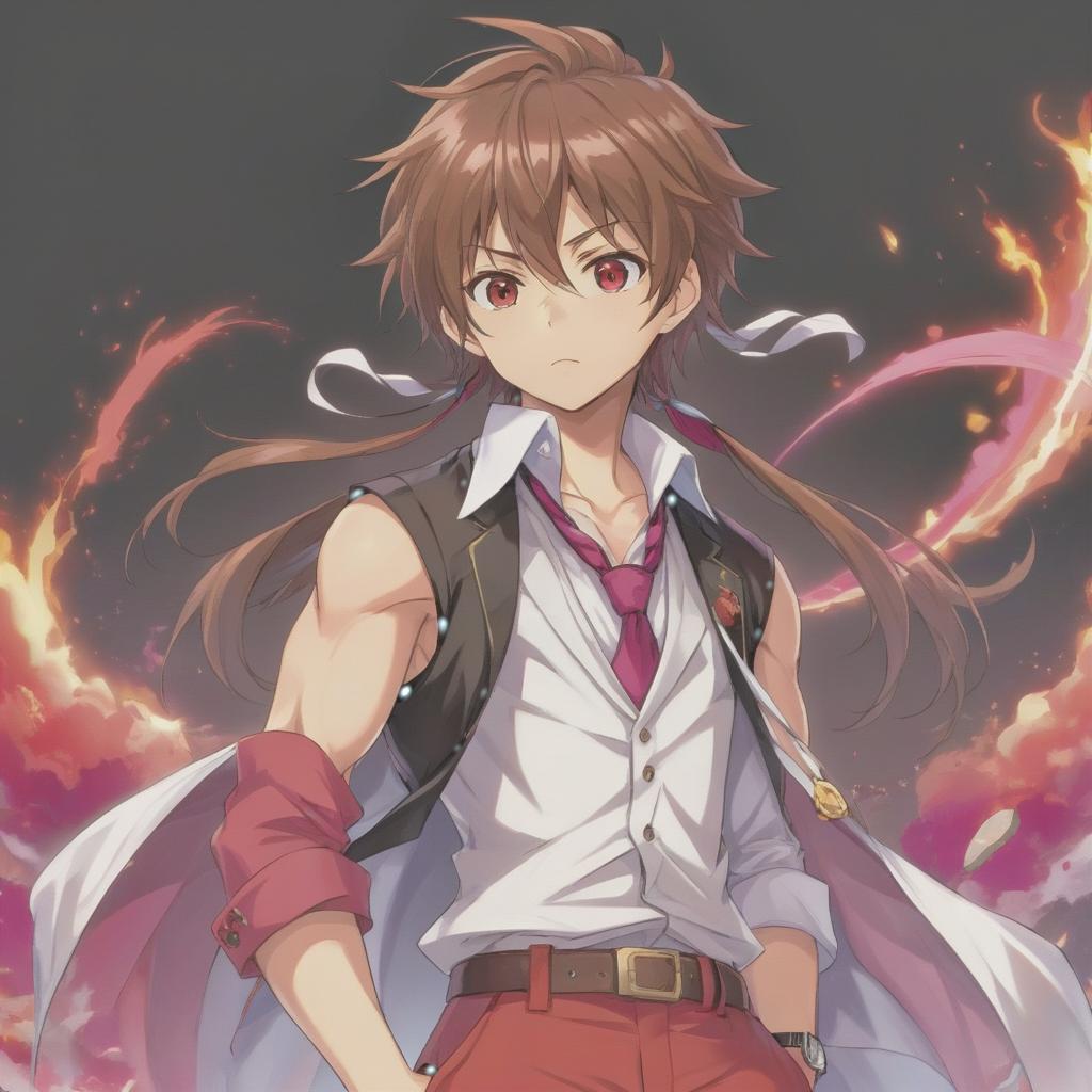  anime artwork a young pumped up man with long, slightly disheveled brown hair with rare bristles and an expression of mild fatigue or brooding on his face. his eyes are brown, with slightly reddened eyelids adding a bit of frown. he is dressed in stylish, slightly eccentric clothes: a white vest with black details over a black shirt with rolled up sleeves, red pants with a belt and accessories. a pink tie is untied on the neck, which gives the image carelessness. hands without fingers and a bandage on one of the wrists. the overall style is a mixture of informal and glamorous image, with an emphasis on details and accessories. . anime style, key visual, vibrant, studio anime, highly detailed