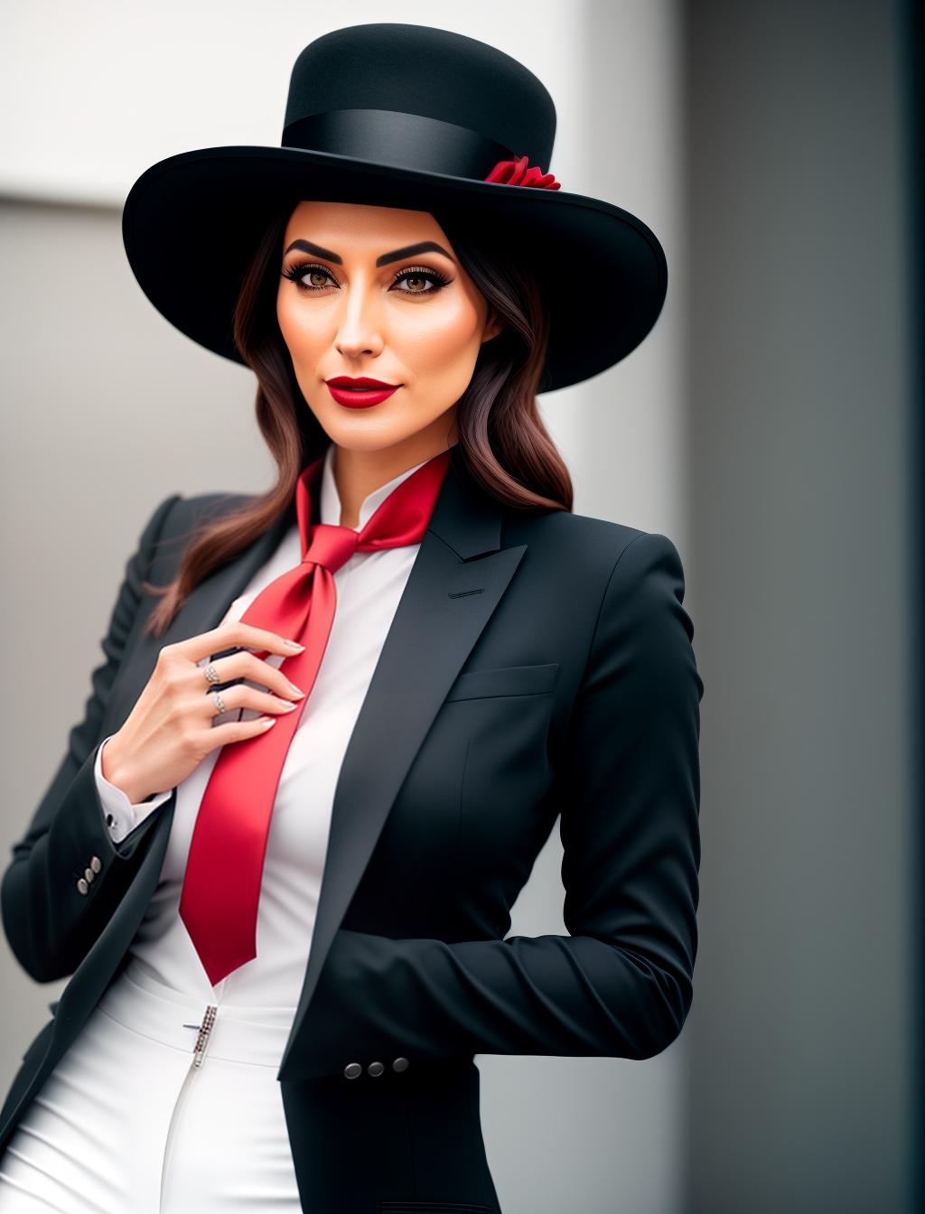  Mid 20s Hot woman, black suit barely buttoned, red tie, top hat, red wing, horns, (high detailed skin:1.2), 8k uhd, dslr, soft lighting, high quality, film grain, Fujifilm XT3 hyperrealistic, full body, detailed clothing, highly detailed, cinematic lighting, stunningly beautiful, intricate, sharp focus, f/1. 8, 85mm, (centered image composition), (professionally color graded), ((bright soft diffused light)), volumetric fog, trending on instagram, trending on tumblr, HDR 4K, 8K