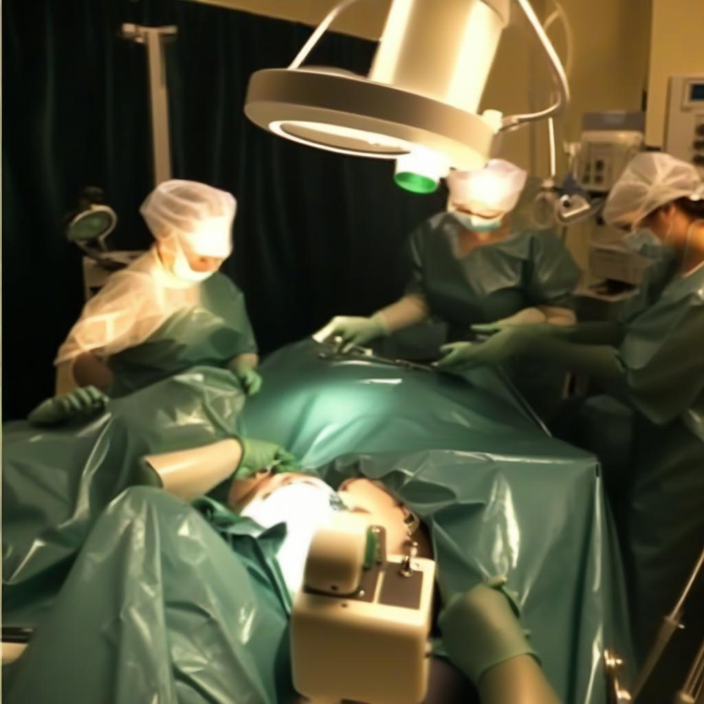  women surgeons mistresses, dressing glossy latex dark green, surgical operation, up ceiling mounted surgical light, down table with surgical instruments