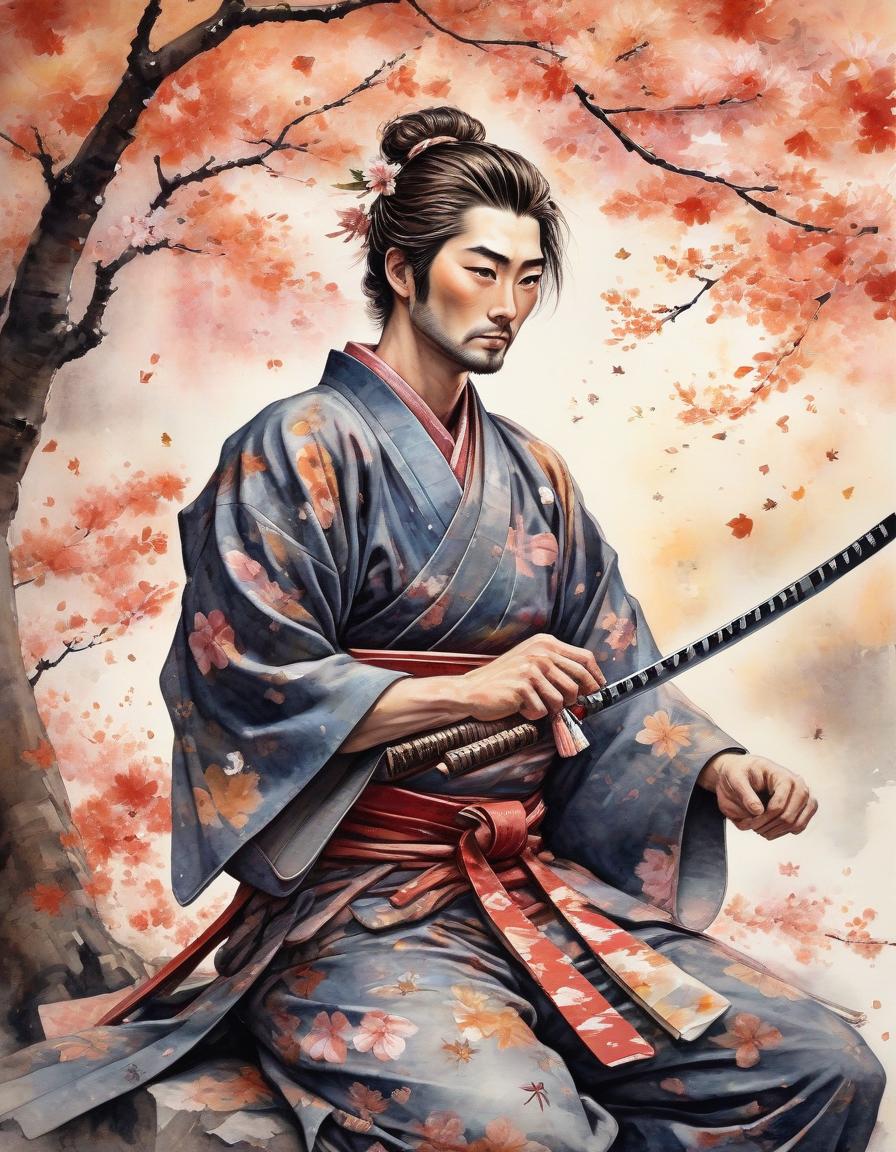  watercolor painting masterpiece. ancient japanese print.(samurai, with a katana at his belt, down on one knee giving a cherry blossom to a beloved in a beautiful kimono, around a whirlwind of autumn leaves:1.5). the style of ancient japanese prints . vibrant, beautiful, painterly, detailed, textural, artistic, perfecteyes