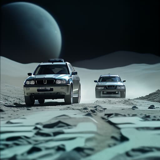  a silvery nissan x trail 2008 and a black bmw e39 1998 race across the lunar surface, shot 35 mm, realism, octane render, 8k, trending on artstation, 35 mm camera, unreal engine, hyper detailed, photo realistic maximum detail, volumetric light, realistic matte painting, hyper photorealistic, trending on artstation, ultra detailed, realistic