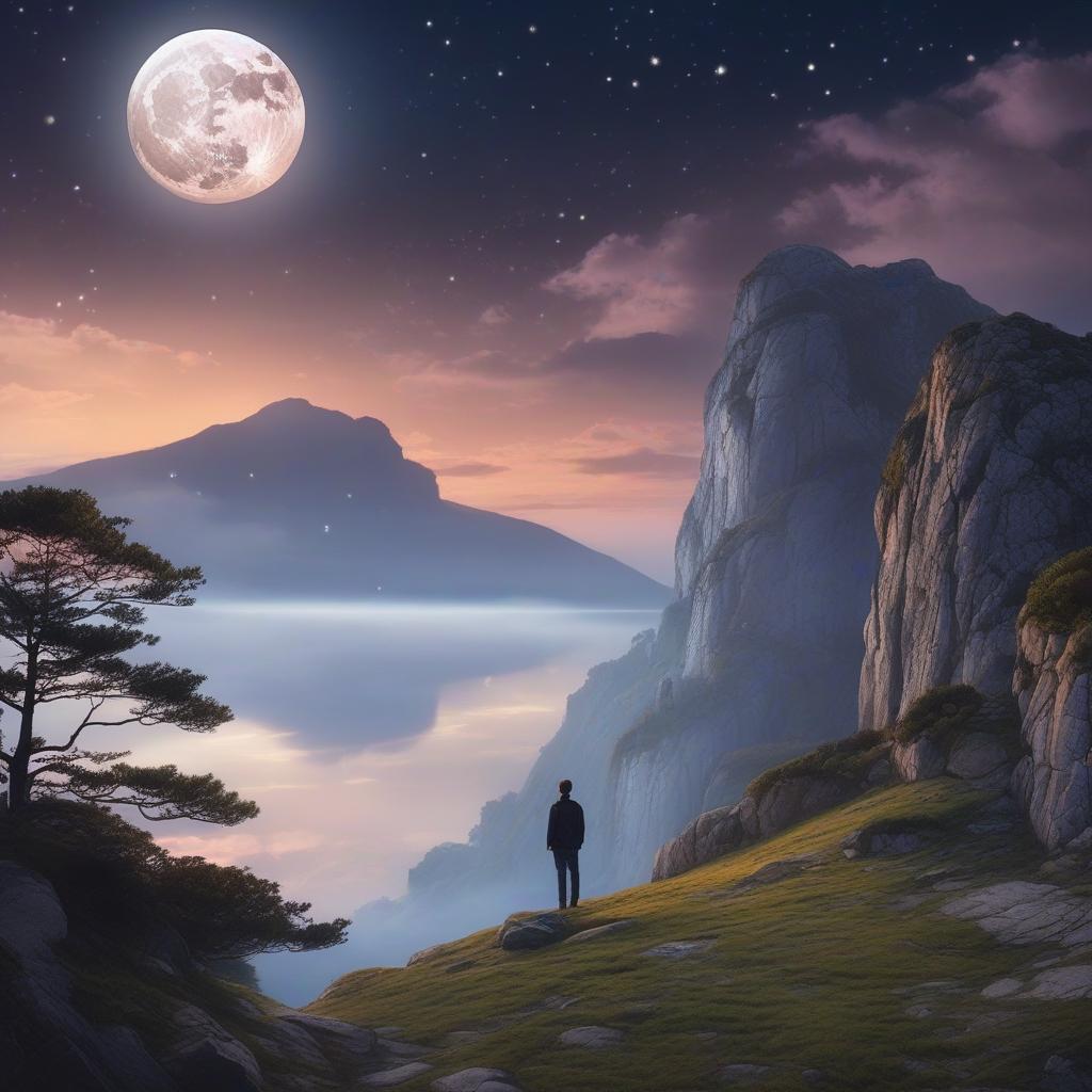  Masterpiece, best quality, a lonely person stands on a rocky cliff, gazing at the full moon that illuminates the night sky, casting a soft light on the scenery below. The cool night air creates a feeling of mystery and tranquility as the stars twinkle above, adding to the magical atmosphere. The image captures the beauty and tranquility of the night under the moonlight, with a dreamy and ethereal quality. Style: Ethereal and dreamy. Realization: Chapter 400.