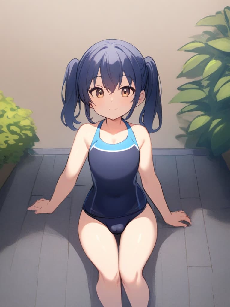  women's elementary students (with male), twin tails, cute smiles, rich s, short stature, dark blue swimwear, old swimwear, swimwear, simple, (swelling), upward, (bulge), front, whole body, pool side,