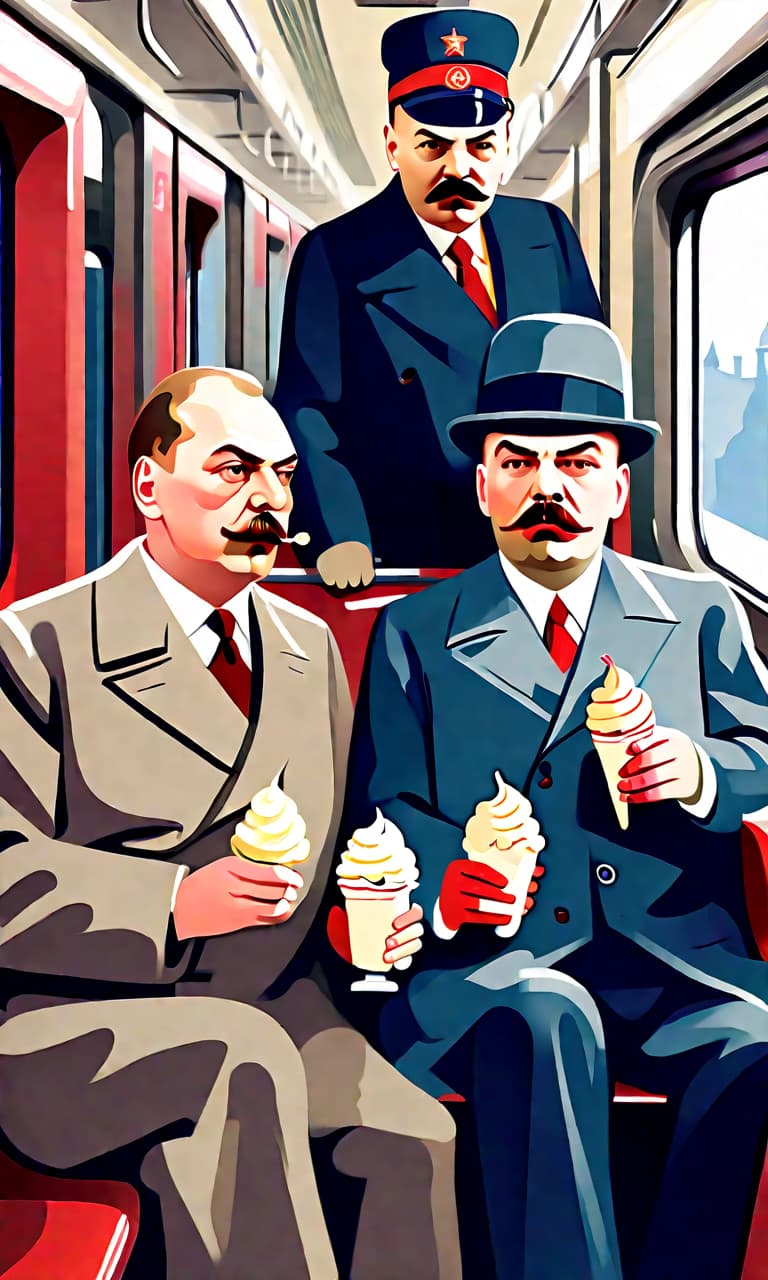  minimalist style stalin and vladimir ilyich lenin in costumes of the early 20th century eat ice cream on the train. . simple, clean, uncluttered, modern, elegant