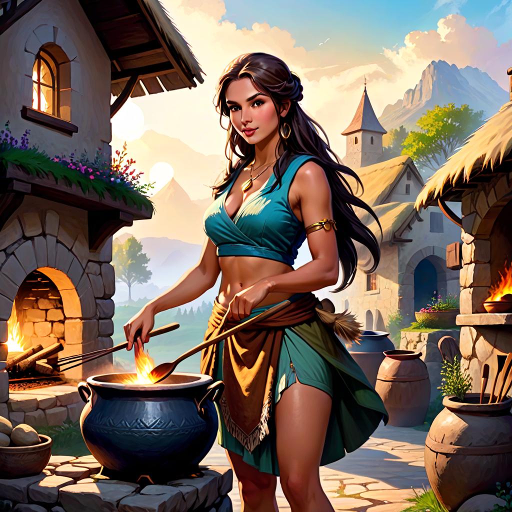  ethereal fantasy concept art of stone age woman in a dirty fur skirt and a dirty fur vest cooking in ceramic pot in a stone oven, outdoor, at full heigh body, with brovn hair, slender, slim waist, long loincloth, tanned skin, at full heigh body, action pose, full heigh body, against the backdrop of a stone age village, . magnificent, celestial, ethereal, painterly, epic, majestic, magical, fantasy art, cover art, dreamy, civitai