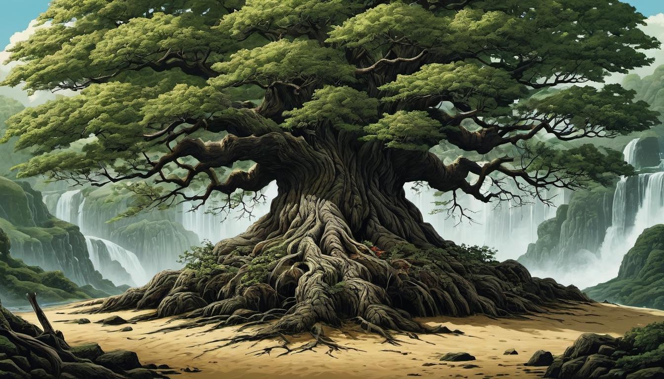  （surrealism)a large tree with deep roots, symbolizing strong identity, stability, firmly grounded, natural strength mystic, intricate details, best quality)