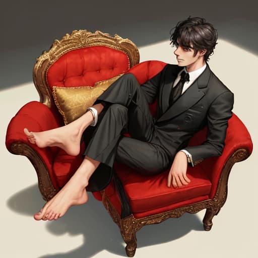  a handsome man in formal attire sitting on the sofa barefoot with a commanding view from above. his toes are slender and the texture of the soles of his feet is clearly visible.