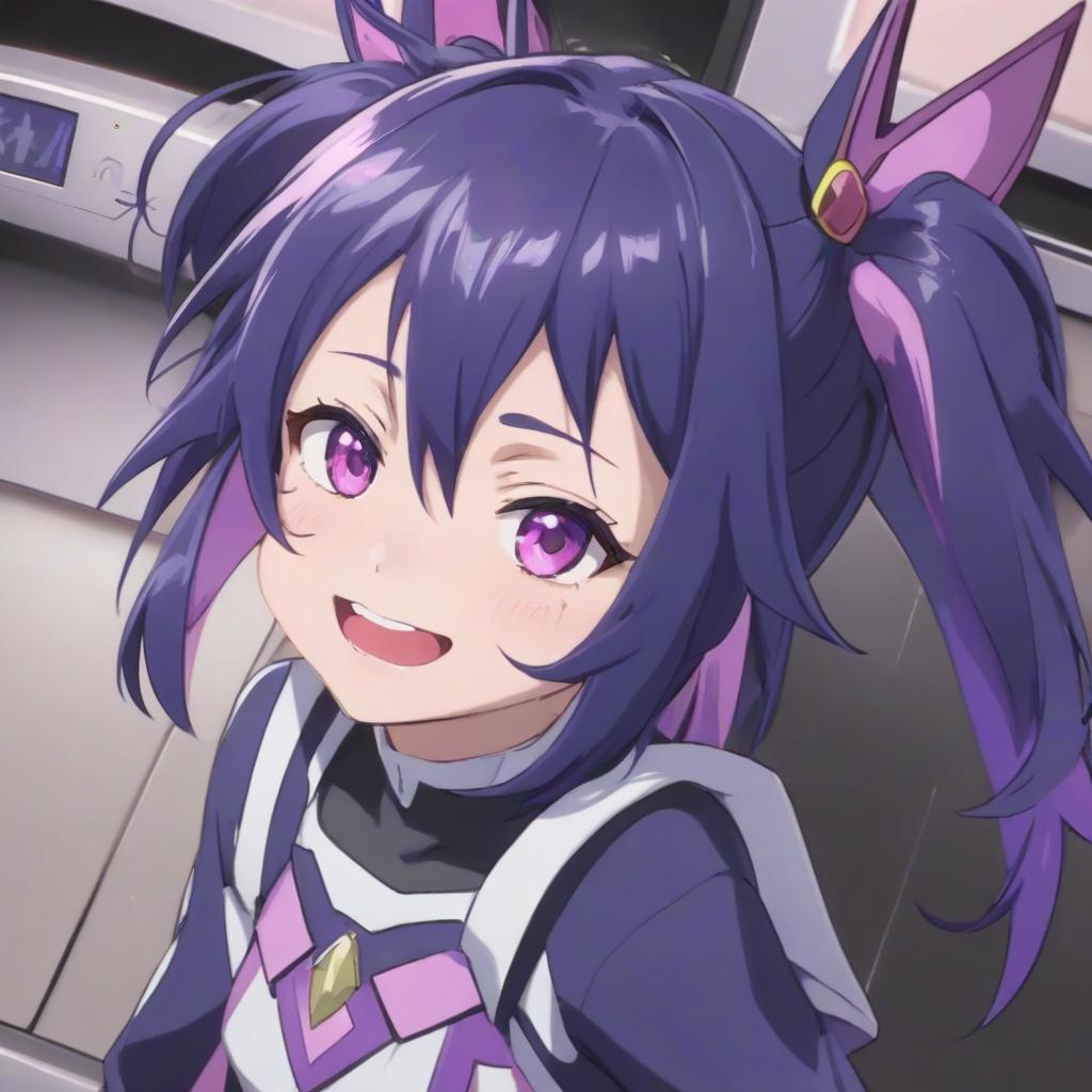  a close up of a person with purple hair, trending on cg society, shin hanga, mischievous grin, symphogear, dark blue hair, still from tv anime