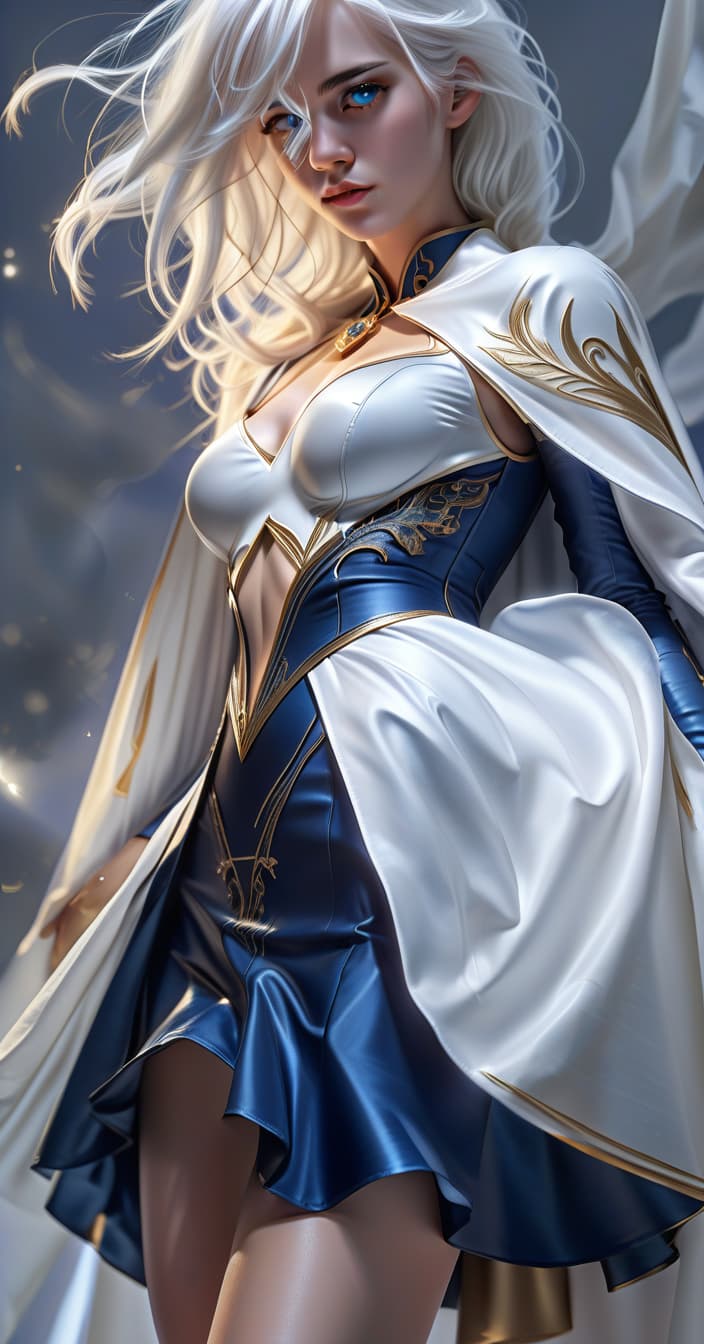  hyperrealistic art girl, bright dark blue dress with a cut at the waist, white cape, white hair. . extremely high resolution details, photographic, realism pushed to extreme, fine texture, incredibly lifelike, perfecteyes, glowneon, hkmagic