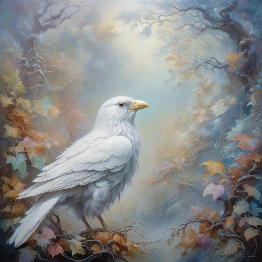  oil painting. highly detailed image with double exposure and overlay of textures and layers. distant background. white crow:: patterns. beautiful, unusual. subtle, barely visible curls of fog. background of delicate pastel colors: surreal abstractionism. fog, light floral patterns, fall theme, ivy, vines. subtle patterns of mysticism and magic:: frame, vignette. stylistics: neorococo, fantasy abstract, surrealism, mystery. swarovski, . in the manner of andrew jones, fragonard, jacek jerka, mark keatley, james christensen, dürer. high quality.