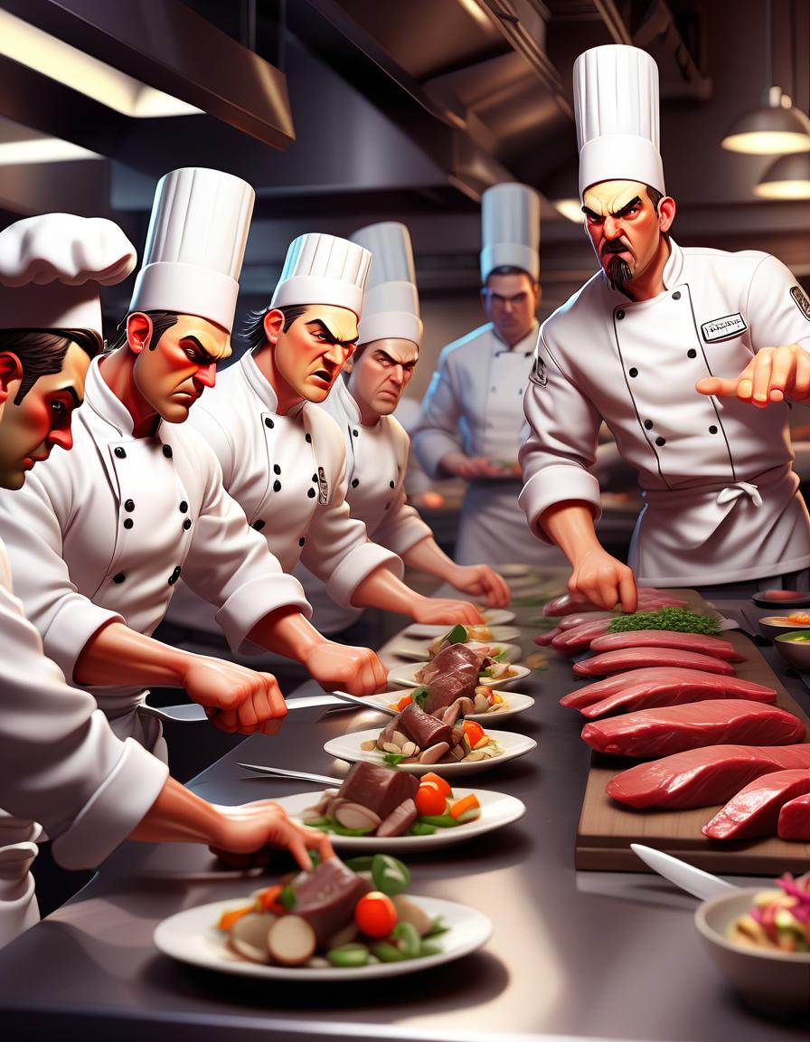  fighting game style a team of chefs working behind a long table in a restaurant kitchen, each focused on their task . dynamic, vibrant, action packed, detailed character design, reminiscent of fighting video games