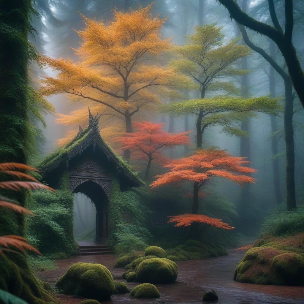  Beautiful deserted forest landscape, rain hyperrealistic, full body, detailed clothing, highly detailed, cinematic lighting, stunningly beautiful, intricate, sharp focus, f/1. 8, 85mm, (centered image composition), (professionally color graded), ((bright soft diffused light)), volumetric fog, trending on instagram, trending on tumblr, HDR 4K, 8K