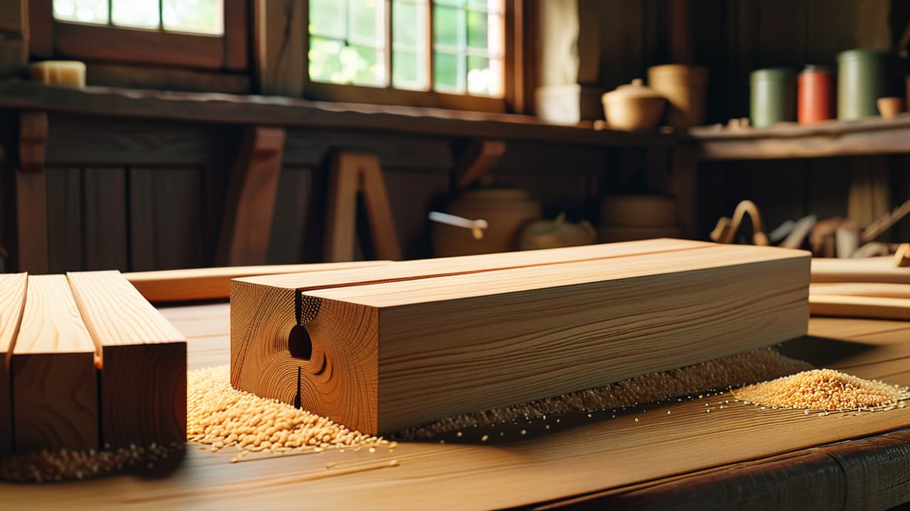  a close up of various traditional wooden joints, like dovetails and mortise and tenon, displayed on a rustic workbench, surrounded by wood shavings and hand tools, with soft, warm natural lighting enhancing the textures. hyperrealistic, full body, detailed clothing, highly detailed, cinematic lighting, stunningly beautiful, intricate, sharp focus, f/1. 8, 85mm, (centered image composition), (professionally color graded), ((bright soft diffused light)), volumetric fog, trending on instagram, trending on tumblr, HDR 4K, 8K