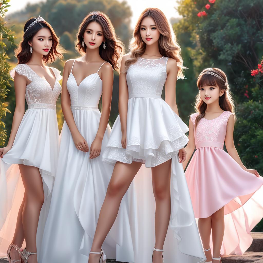  4 girls standing next to each other with white dresses that are soft like and 2 have pink dresses photo realistic, highly intricate and detailed, masterpiece, ultra high res,photography,8k resolution