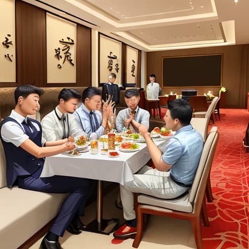  Draw 10 men eating and drinking Maotai in a luxury hotel room on weekends