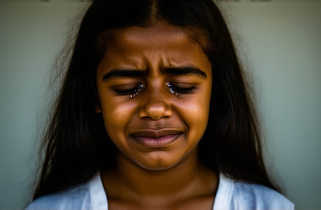  young sad latinx girl crying with tears streaming down her cheeks. emotional breakdown, closed eyes and closed mouth ar 3:2, (natural skin texture), highly detailed face, depth of field, hyperrealism, soft light, muted colors