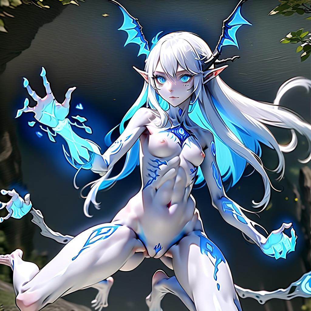  1 (half elf, half demon), body (s) fully visible ++++ (very high detail) japanese ( + ++) old white hair, 2 size, blue eyes (glowing eyes), slender body in seminal fluid, legs wide (from the writing follows white liquid ++) 10 meters from the camera, high detail, the perspective of the is distant in full growth, perfect hands, perfecteyes