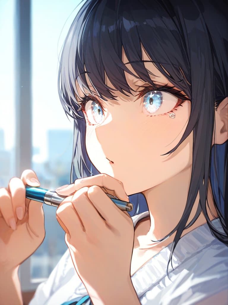  girls, jit eyes, girls, white shirts, blue ribbon uniforms, sweater cardigan, black hair, pierced rings, silver rings, white eyes, white eyes, masterpiece, best quality,8k,ultra detailed,high resolution,an extremely delicate and beautiful,hyper detail