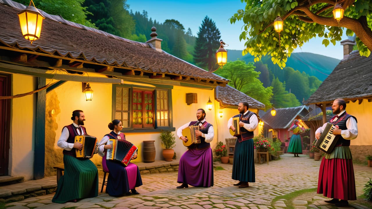  a vibrant folk music scene featuring musicians in traditional attire, playing lute, accordion, and tambourine. surrounding them are diverse dancers in colorful costumes, set against a picturesque village backdrop with lush greenery and twinkling lanterns. hyperrealistic, full body, detailed clothing, highly detailed, cinematic lighting, stunningly beautiful, intricate, sharp focus, f/1. 8, 85mm, (centered image composition), (professionally color graded), ((bright soft diffused light)), volumetric fog, trending on instagram, trending on tumblr, HDR 4K, 8K