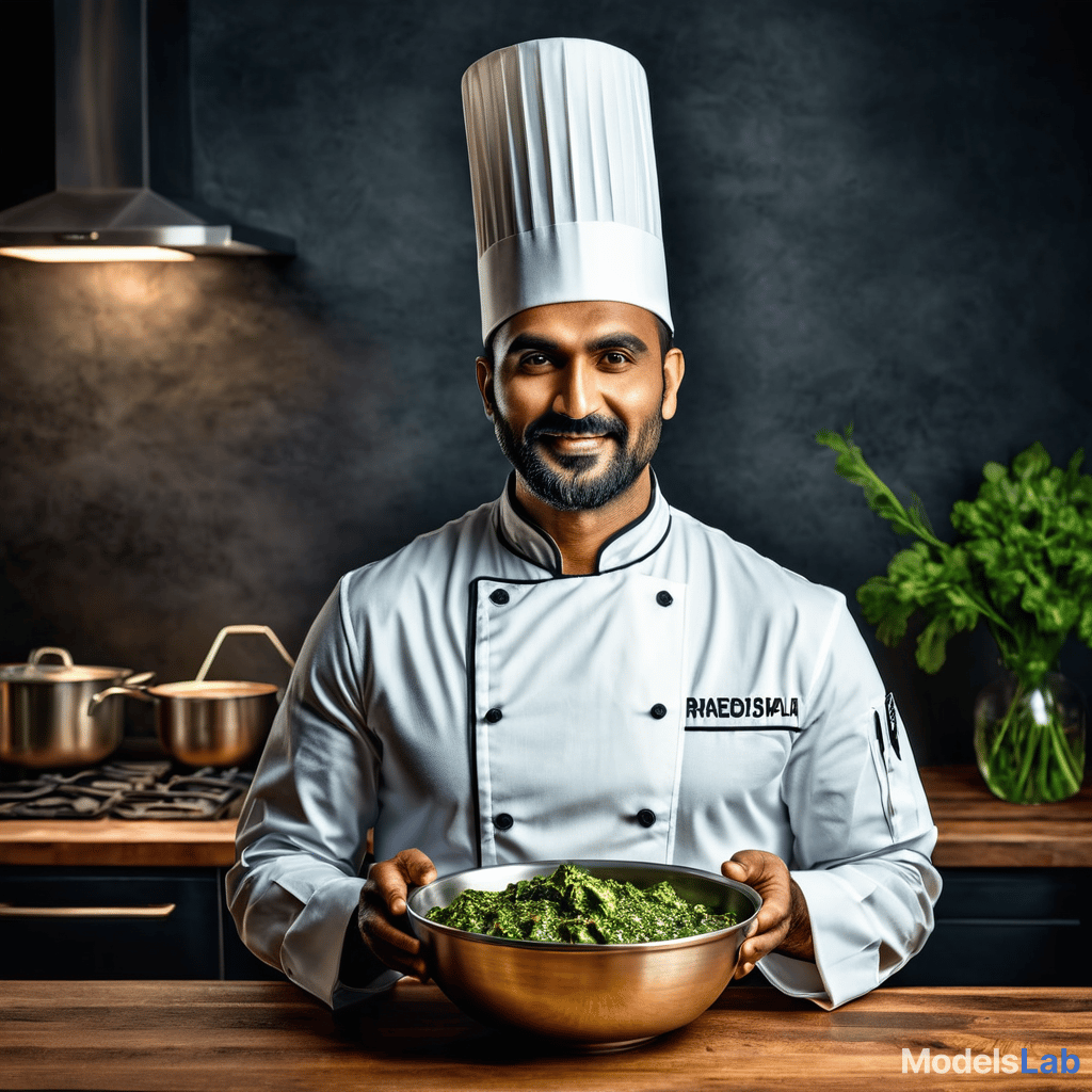  a chef holding bowl of palak paneer hyperrealistic, full body, detailed clothing, highly detailed, cinematic lighting, stunningly beautiful, intricate, sharp focus, f/1. 8, 85mm, (centered image composition), (professionally color graded), ((bright soft diffused light)), volumetric fog, trending on instagram, trending on tumblr, HDR 4K, 8K