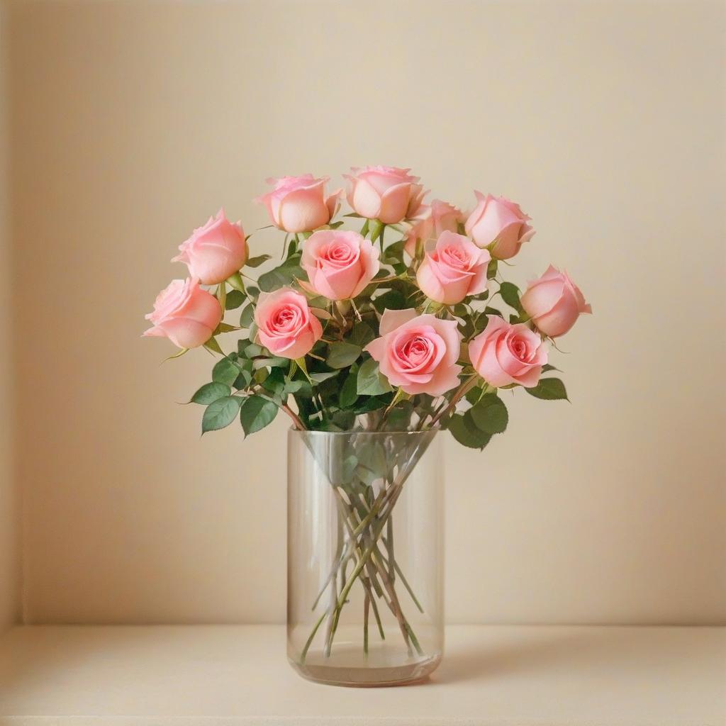  bouquet of pink roses in a glass transparent vase on a beige background, film photography style