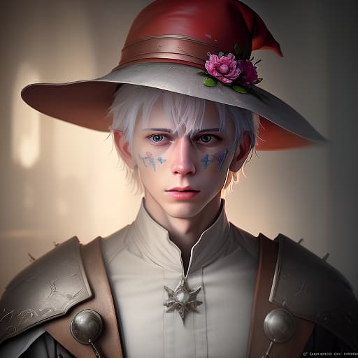  portrait of a young male white haired inquisitor in a red hat with wide margins. facial degeneration is gloomy, thoughtful, (extremely detailed oil painting:1.2), glow effects, godrays, hand drawn, render, 8k, octane render, cinema 4d, blender, dark, atmospheric 4k ultra detailed, cinematic sensual, sharp focus, humorous illustration, big depth of field, masterpiece, colors, 3d octane render, 4k, concept art, trending on artstation, hyperrealistic, vivid colors, extremely detailed cg unity 8k wallpaper, trending on artstation, trending on cgsociety, intricate, high detail, dramatic