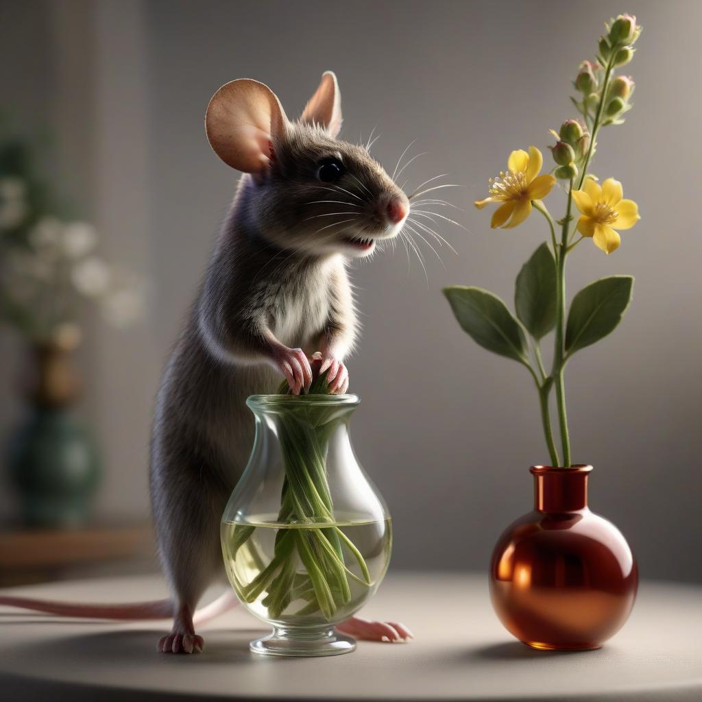  professional 3d model the mouse leans on a vase of flowers and reaches full length to the buds . octane render, highly detailed, volumetric, dramatic lighting hyperrealistic, full body, detailed clothing, highly detailed, cinematic lighting, stunningly beautiful, intricate, sharp focus, f/1. 8, 85mm, (centered image composition), (professionally color graded), ((bright soft diffused light)), volumetric fog, trending on instagram, trending on tumblr, HDR 4K, 8K