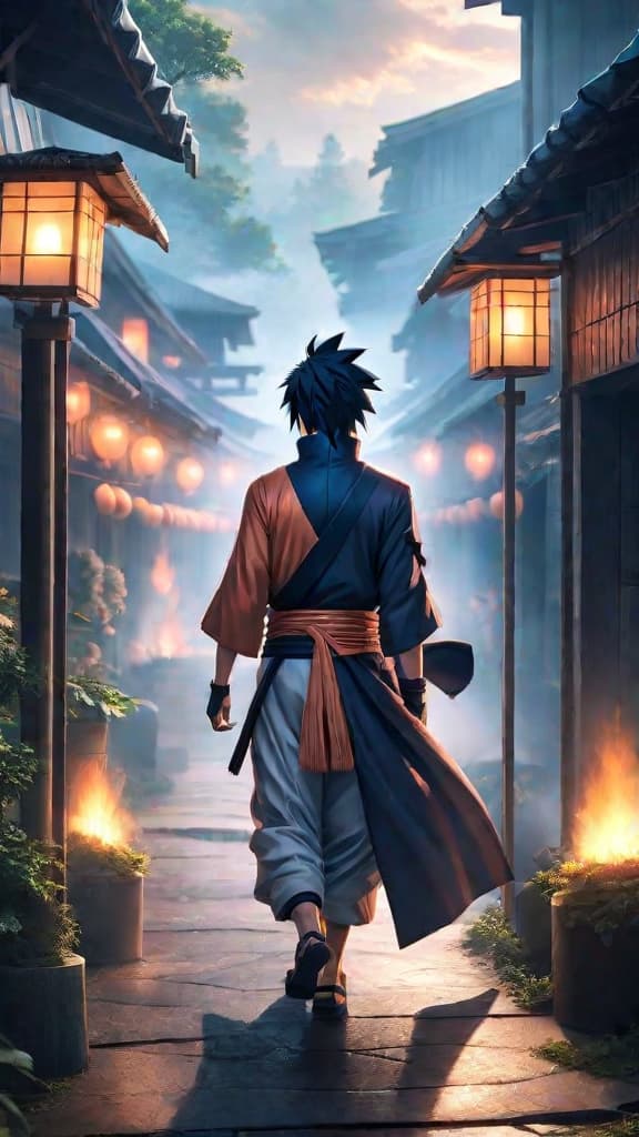  anime art of sasuke uchiha leaving konoha, burdened by his tragic clan history and seeking revenge. hyperrealistic, full body, detailed clothing, highly detailed, cinematic lighting, stunningly beautiful, intricate, sharp focus, f/1. 8, 85mm, (centered image composition), (professionally color graded), ((bright soft diffused light)), volumetric fog, trending on instagram, trending on tumblr, HDR 4K, 8K