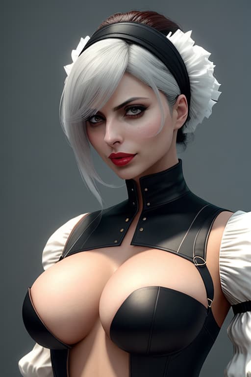 score 9, score 8 up, score 7 up, best quality, masterpiece,realistic, morena baccarin, solo, blindfold, yorha no. 2 type b, black blindfold, puffy sleeves, dress, short hair, white hair, black dress, juliet sleeves, hairband, dark make up, breasts, deep cleavage, long sleeves, parted lips, clothing cutout, black hairband, huge breasts, braless, covered eyes, mole under mouth, mole, lips, carmin red lips, belly buttton, nipples, nose, facing viewer, hair over eyes, teeth hyperrealistic, full body, detailed clothing, highly detailed, cinematic lighting, stunningly beautiful, intricate, sharp focus, f/1. 8, 85mm, (centered image composition), (professionally color graded), ((bright soft diffused light)), volumetric fog, trending on instagram, trending on tumblr, HDR 4K, 8K