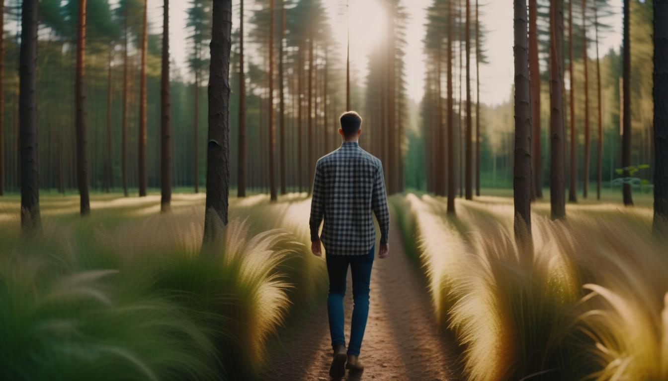  cinematic photo a large forest with low trees with lush foliage, beautiful floral grass, a path in the middle of the forest and a man in a plaid shirt walking close to the camera, cinematic, golden hour . 35mm photograph, film, bokeh, professional, 4k, highly detailed