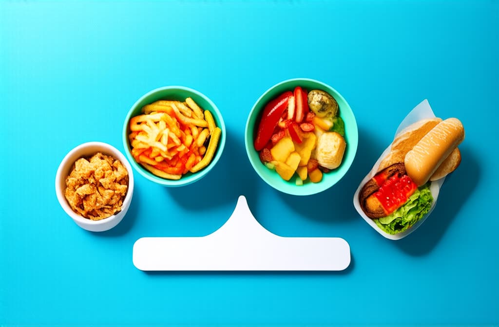  advertising style, stock photo, corporate branding style scales with bowls, on one bowl there is a bunch of fast food, on the other bowl there is healthy food ar 3:2 . professional, clean, modern, product focused, commercial, eye catching, minimalist, business oriented, highly detailed