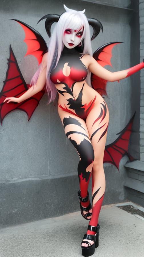  Full body red flame pattern body paint, Blark body paint on the whole body, White face paint on the face, succubus 女性