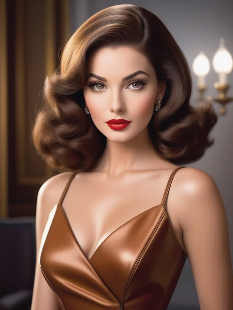  create an image of a striking young woman with clasic mid 20th century beauty. she has brown, shoulder length hair, styled in soft, elegant waves, typical of the 1950s or 1960s glamour. her eyes are a bright, piercing light gray, framed by dark, well defined brows, giving her an intense yet sophisticated gaze. her facial features are sharp and refined, with high cheekbones, a strong jawline, and full lips. she has a tall and athletic figure, standing confidently, with an air of elegance and strength, reflecting her famous roles. dress her in a tailored, form fitting outfit, like a sleek, high fashion dress or a vintage leather jacket, evoking her iconic roles in action and spy films. the overall mood should radiate confidence, grace, and a 