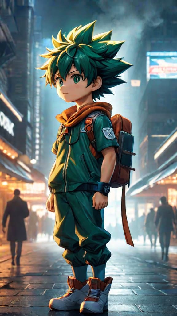  anime art: deku harnesses the evolving powers of one for all, unlocking the legacy of quirks. hyperrealistic, full body, detailed clothing, highly detailed, cinematic lighting, stunningly beautiful, intricate, sharp focus, f/1. 8, 85mm, (centered image composition), (professionally color graded), ((bright soft diffused light)), volumetric fog, trending on instagram, trending on tumblr, HDR 4K, 8K