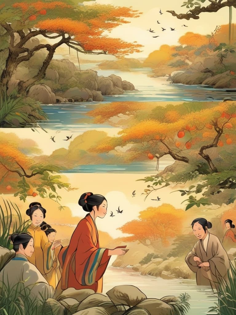  suddenly, there was a warm sound on the shore. the images turned to the shore, and the ancient chinese poets, with a group of people, were pacing, singing and smiling, and the scene was full of joy and emotion, and the sound of their song was resounding over the plumes of peaches。