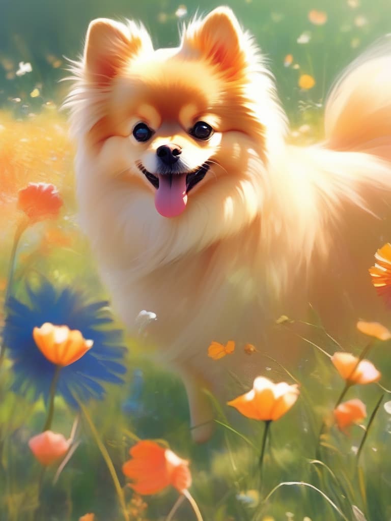  (cute illustration style)(1 animal:1.2)(orange pomeranian:1.2){cute}(smiling)(evening)(cosmos field)masterpiece,high quality,8k