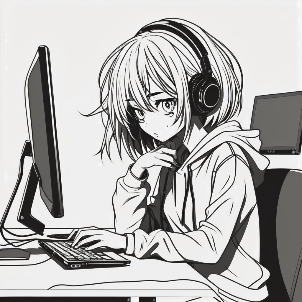  line art drawing boring girl drawing on computer, same nightmare. anime style . professional, sleek, modern, minimalist, graphic, line art, vector graphics