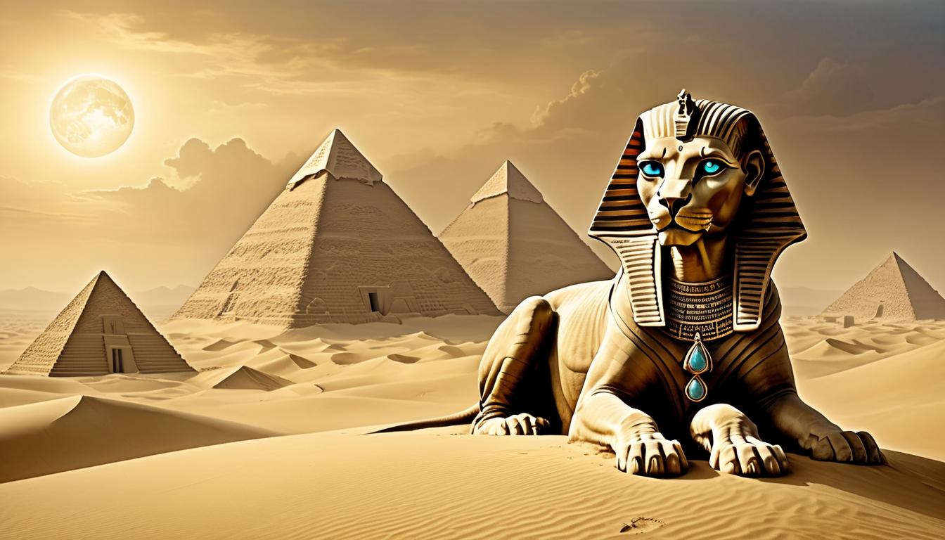  on parchment, surrealism+++, sphinx with glowing eyes, sand dunes, ancient pyramids in the background, aura of mystery(mysterious, provocative, symbolic,muted color)+++