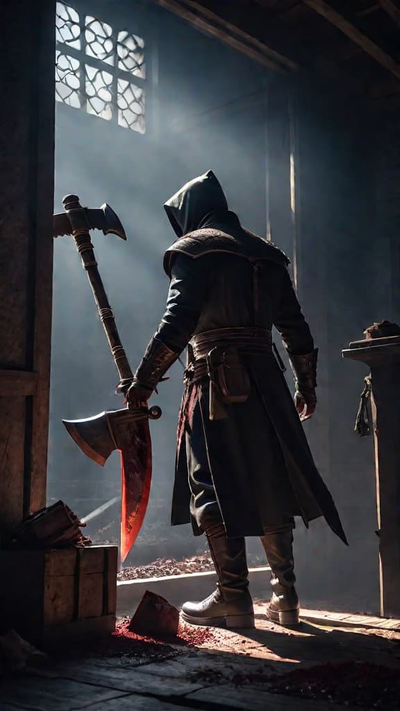  a shadowy figure slipping through an unlocked window, a bloodied axe left behind, eerie whispers in the dark. hyperrealistic, full body, detailed clothing, highly detailed, cinematic lighting, stunningly beautiful, intricate, sharp focus, f/1. 8, 85mm, (centered image composition), (professionally color graded), ((bright soft diffused light)), volumetric fog, trending on instagram, trending on tumblr, HDR 4K, 8K