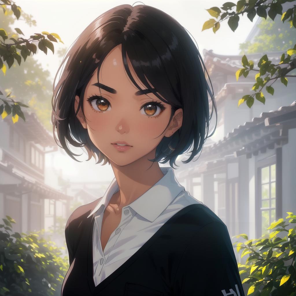  (((anime full torso frontal head shot of a light tan skin tone woman))), gaeul ra young ryu, ((korean heritage)), immature face, brown eye color, ((short hair style)), ((black hair color)), (( body type)), small size, small size, (immature broad flat nose), (immature angular cheekbones), (immature smooth jawline), (immature thin lips), (immature wide forehead), (immature symmetrical face), (immature arched eyebrows), standing straight looking directly into the camera,((wearing fitted polo shirt with deep v neck and monogrammed pocket)), backyard in background, 1girl, best quality, highest quality, award winning photo, masterpiece, raw, professional photography, photorealism, sharp focus, cinematic, high resolution, sh hyperrealistic, full body, detailed clothing, highly detailed, cinematic lighting, stunningly beautiful, intricate, sharp focus, f/1. 8, 85mm, (centered image composition), (professionally color graded), ((bright soft diffused light)), volumetric fog, trending on instagram, trending on tumblr, HDR 4K, 8K